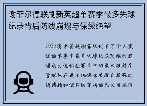 谢菲尔德联刷新英超单赛季最多失球纪录背后防线崩塌与保级绝望